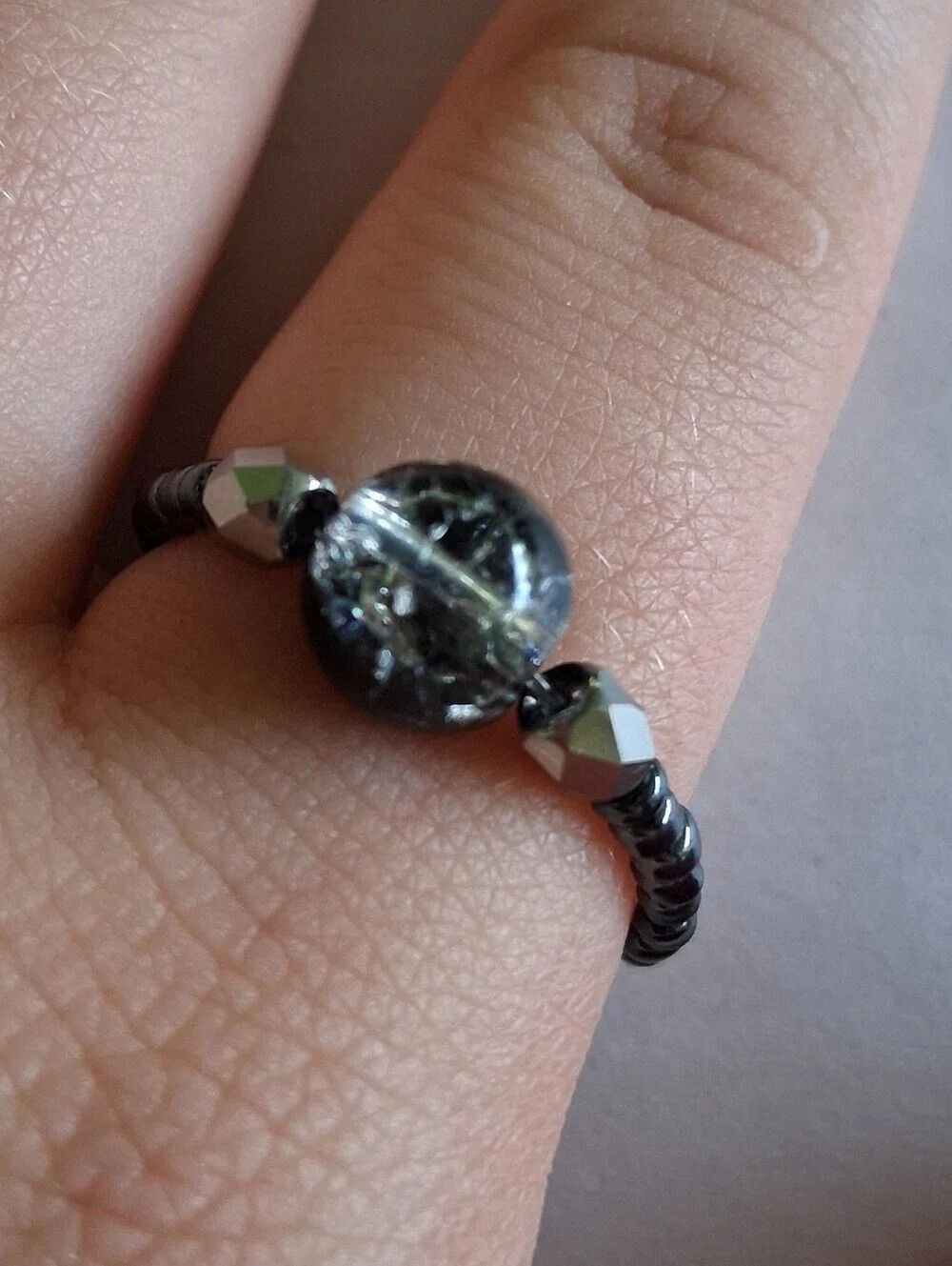 5/$25 Hand Crafted Iridescent Black Glass Center Ring with Silver Accents 7,8,9